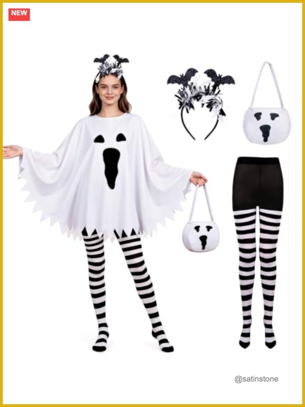 4 Pc Ghost Poncho Costume Set Halloween Polyester Women